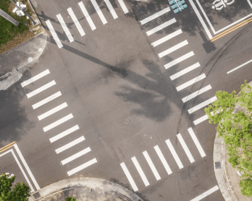 Aerial view of marked pedestrian crosswalks at major intersection